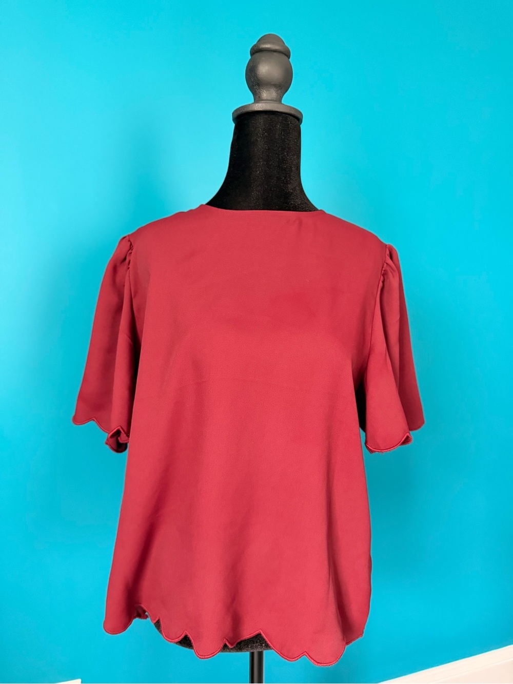 H&M Burgundy Short Sleeve Scalloped Blouse